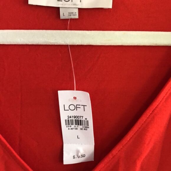 NWT LOFT flowy Orange/Red Rayon spandex bell sleeve V-neck dress size L - Picture 3 of 8